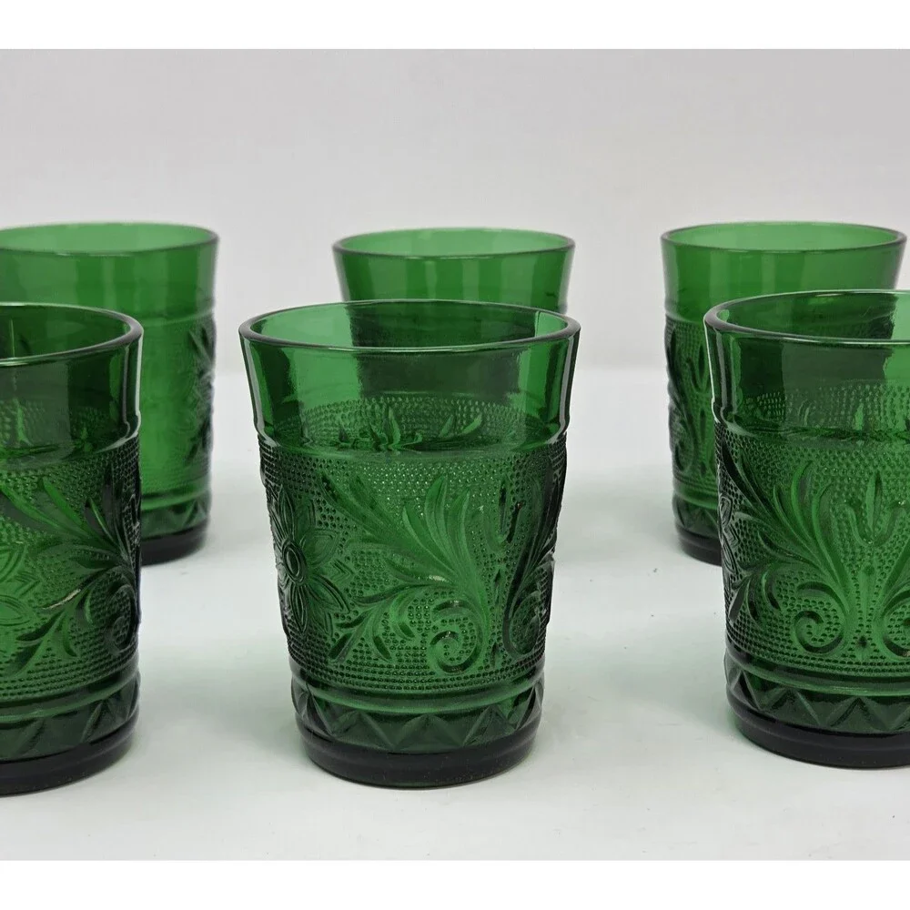 Anchor‎ Hocking Forest Green Sandwich Pattern Tumblers Set 6 Vintage 1950s Glass